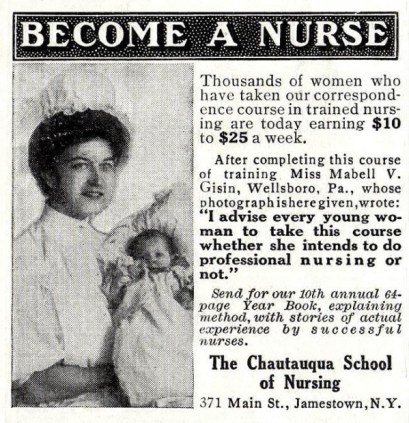 Advertisement stating Become a Nurse via correspondance courses.