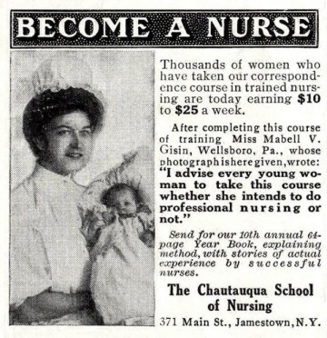 Advertisement stating Become a Nurse via correspondance courses.