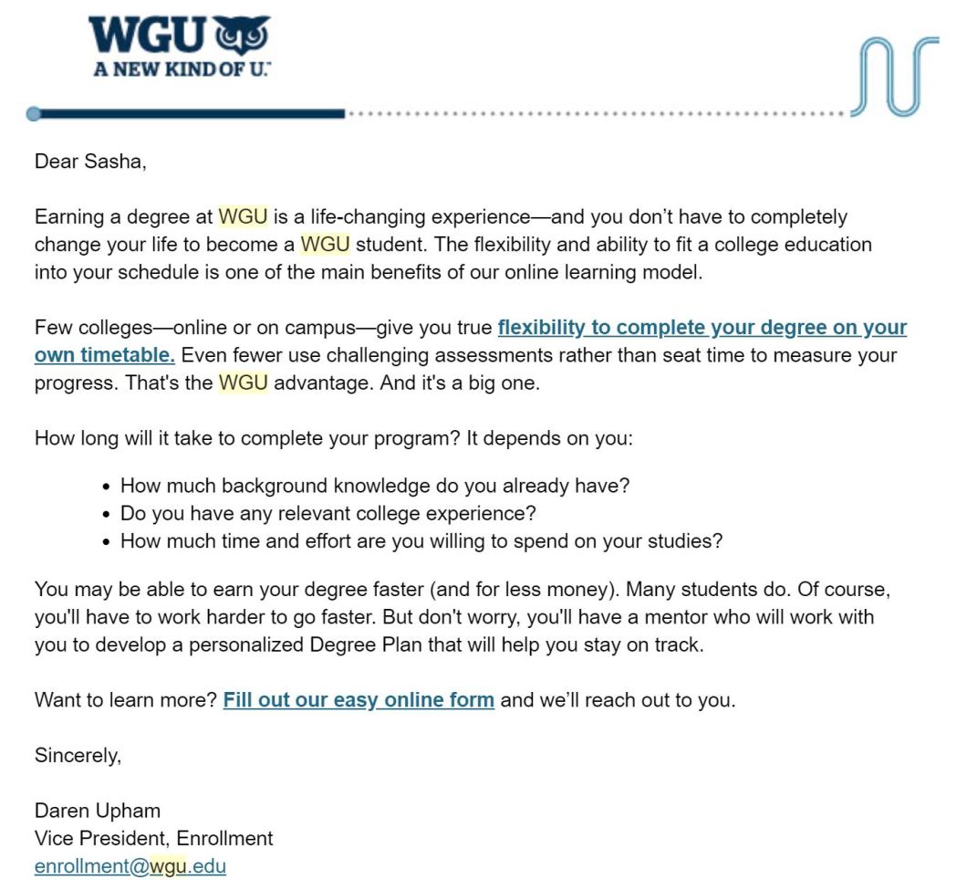 Second screenshot of WGU email